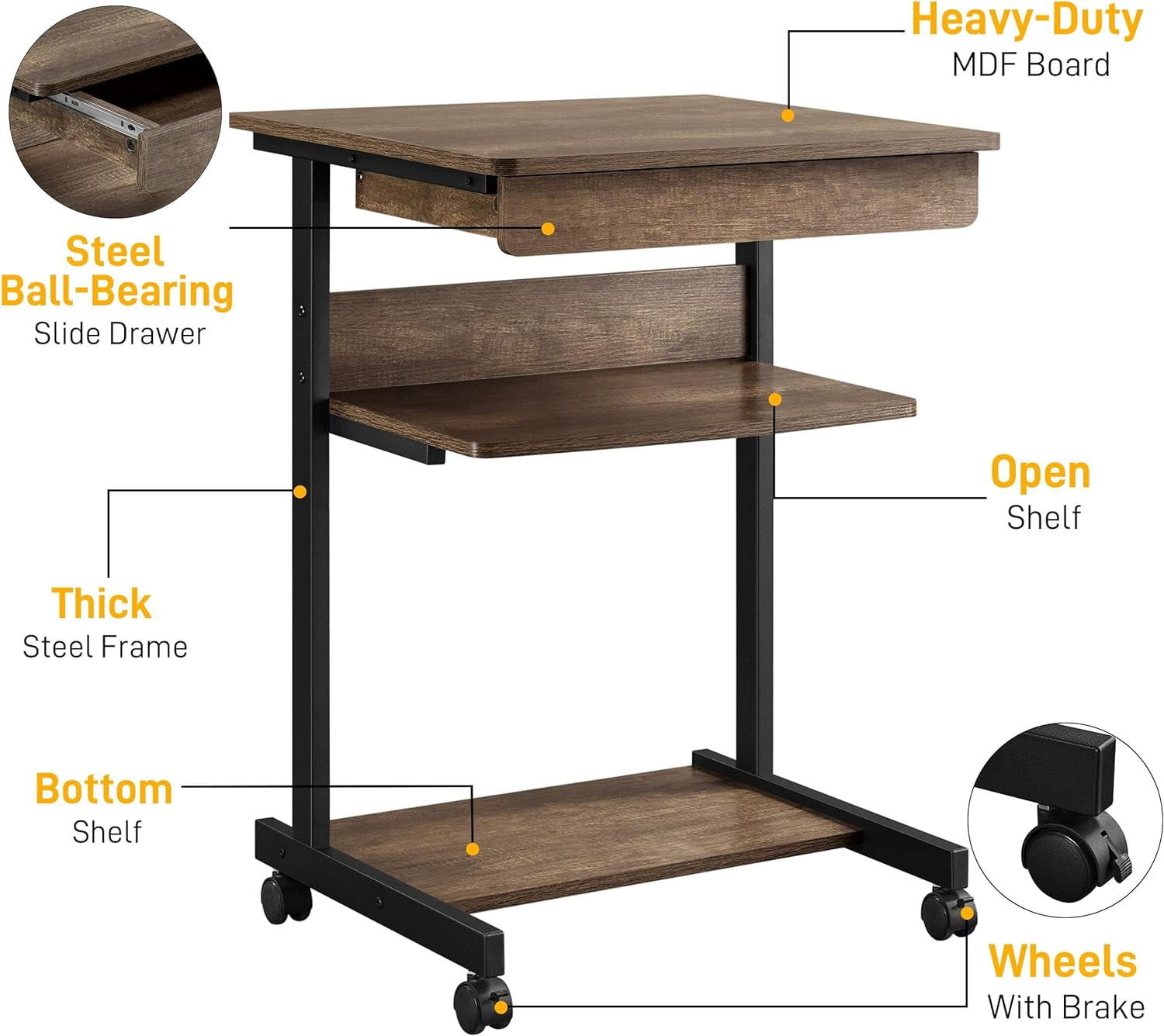 NIUMU Small Rolling Computer Desk with Storage Drawer, Rolling Home Office Computer Desk with Keyboard Tray, Laptop Desk with Wheels and Drawer, Taupe Wood