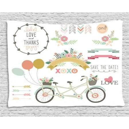 Engagement Party Tapestry, Bicycle With a Basket Full of Spring Flowers Wedding Concept Elements, Wall Hanging for Bedroom Living Room Dorm Decor, 60W X 40L Inches, Multicolor, by