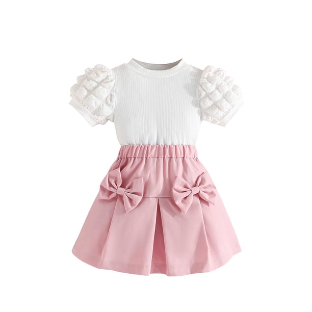 Odeerbi 18M-8Y Niñas Trajes de Verano Tops de Manga Corta de Algodón Con Falda Plisada Conjunto de Dos Piezas Falda Con Lazo Conjunto de Dos Piezas Falda Con Lazo