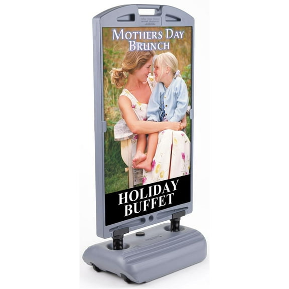 30 x 62 x 18-Inch, Silver Finish Plastic Poster Stand With Fillable Base, Free-Standing, Double-Sided, With Built-In Wheels (WINDQC2844)