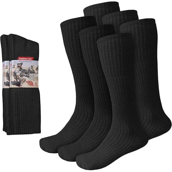 Diamond Star Men's Military Boot Socks – Quick-Dry Cotton Crew for Police, Fire, and Trekking/Hiking (Black - 6 Pairs, Socks Size 10-13, Fit Men's Shoe Size 10-12)