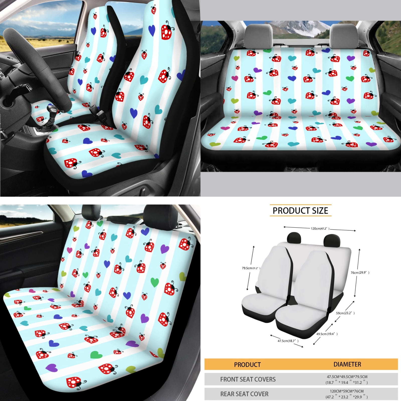 Yuyamidu Ladybug Front Rear Car Seat Covers Full Set of 14 Blue Stripes Steering Wheel Cover Seat Belt Pads Coasters Waste Bin Armrest Cover Cup Holders Rearview Mirror Cover Handbrake Cover Set