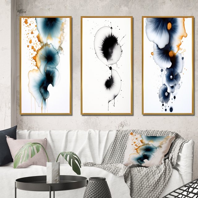 Designart "Heartbeat Rhapsody Turquoise and Gold Ink Cloud II" Abstract Painting Framed Wall Art Set Of 3 - Turquoise Modern Frame Canvas Set For Living Room Decor