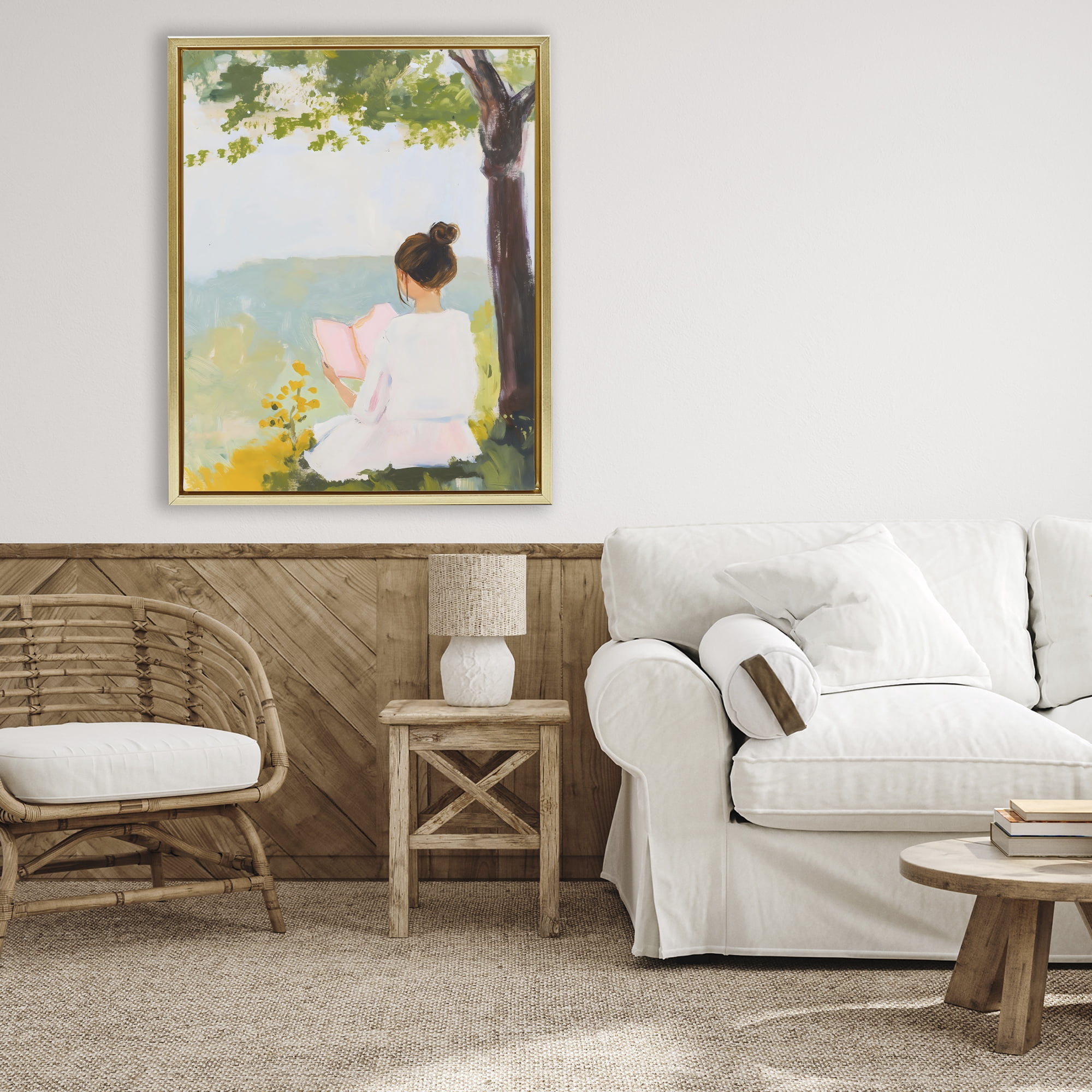 Stupell Industries Girl Reading in Nature Gold Framed Floater Canvas Wall Art, design by The Prints Vibe