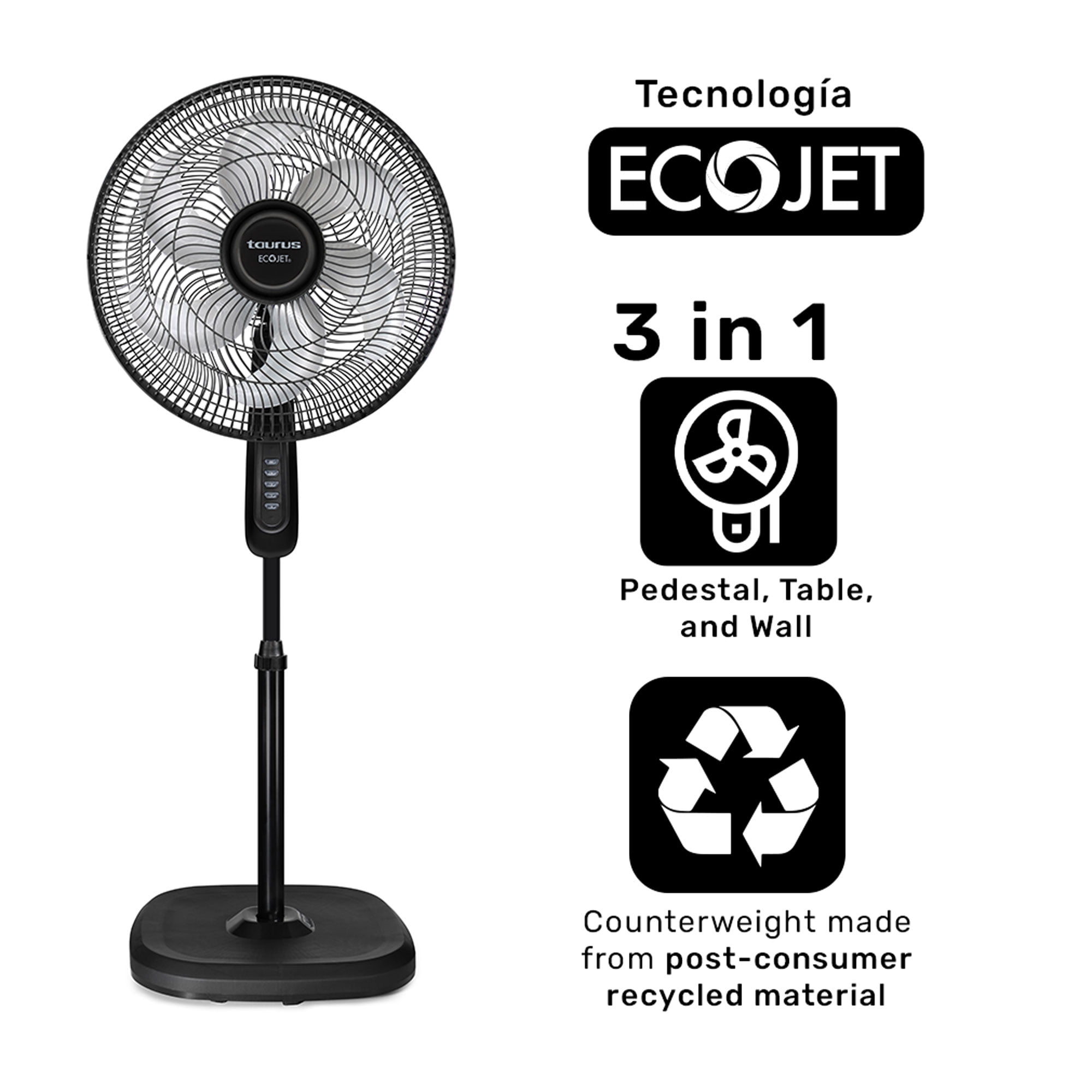 Taurus Silent Power 18" Pedestal Fan with ECOJET Grille, Ultra Quiet Oscillating Floor Fan with Adjustable Height, 3 Speeds, for Bedroom, Office or Living Room – Powerful Airflow and Energy Efficient