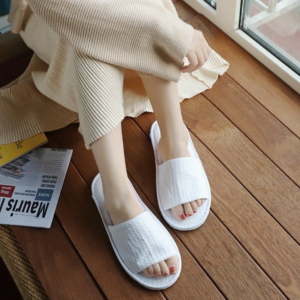 Zapatillas de punta abierta para invitados Hombres Mujeres Viaje Interior Casa No desechable Hotel Waffle blanco Zapatillas transpirables 1 par