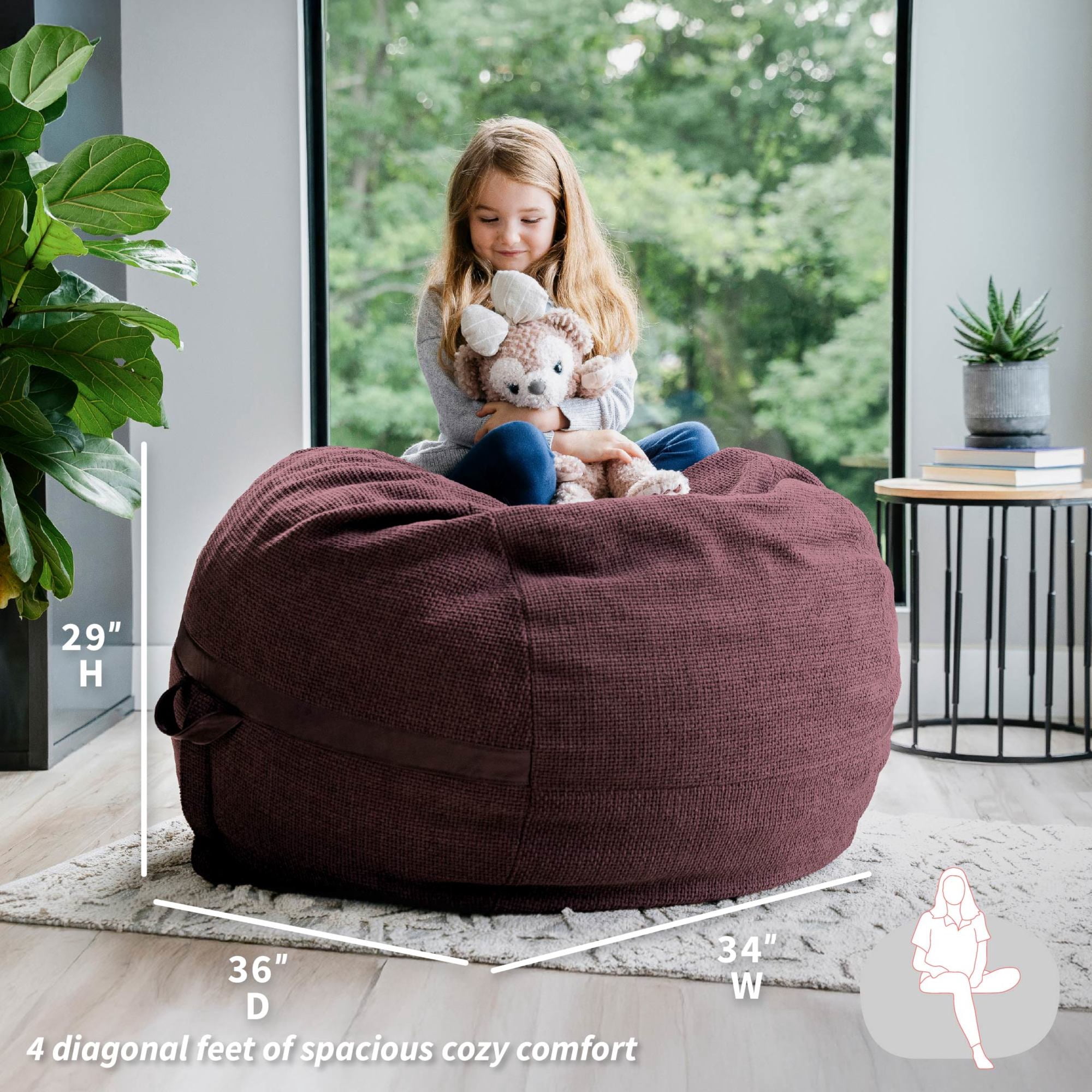 Big Joe Fuf 4Ft Foam Bean Bag Chair with Removable Cover for Kids, Teens, Merlot Cloudweave, 4 foot Large Reading and Gaming Seat