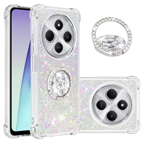 Funda para Xiaomi Redmi 14C con Brillo Líquido Flotante, Purpurina, Parachoques y Anillo Giratorio Soporte