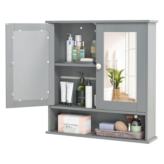 Bathroom Wall Cabinet, Over Toilet Storage with Mirrored Doors, Adjustable Shelf, Wooden Medicine Cabinet for Bathroom, Kitchen, Living Room (Grey)