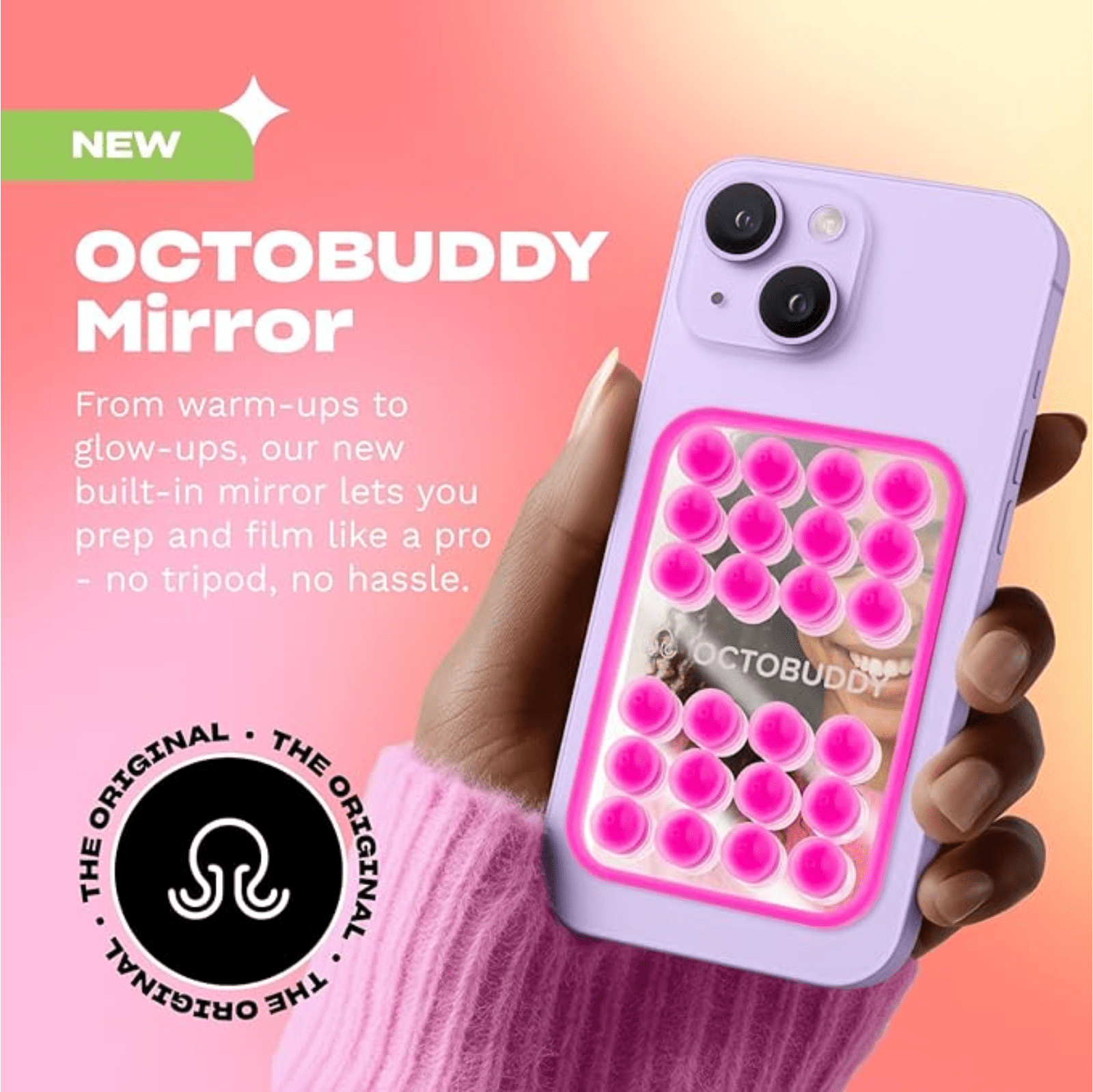 OCTOBUDDY Mirror - Cell Phone Mount with Built-in Mirror - Hands-Free Selfies and Videos - Suction Cup Mobile Holder - Content Creator Accessory