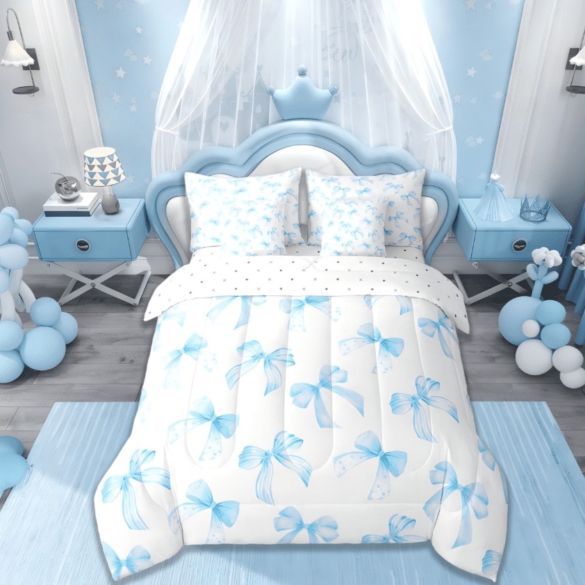 Manfei Sky Blue Bow 7 Pieces Bedding Comforter Set For Kids Girls,Cute Dreamy Princess Style Full Bedding Set Bow Pattern Comforter Reversible