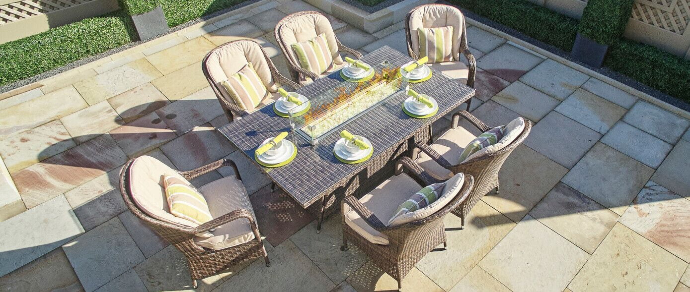 Direct Wicker 6 Seat Rectangular Gas Fire Pit Dining Table With Eton Chair