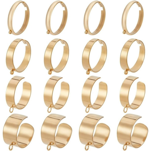 1 caja de 16 piezas de anillos de acero inoxidable en blanco, planos, dorados, abiertos, ajustables, juego de anillos dorados a granel, estilo francés, con dijes de metal, accesorios para anillos.