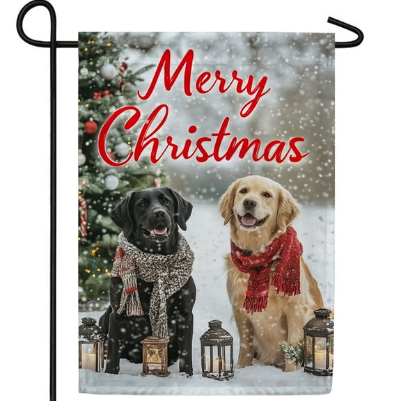 America Forever Merry Christmas Dogs Garden Flag, 12.5 x 18 inches Double Sided, Black Lab and Golden Retriever Garden Flag, Festive Winter Decor Outdoor Seasonal Flags for Yard, Lawn