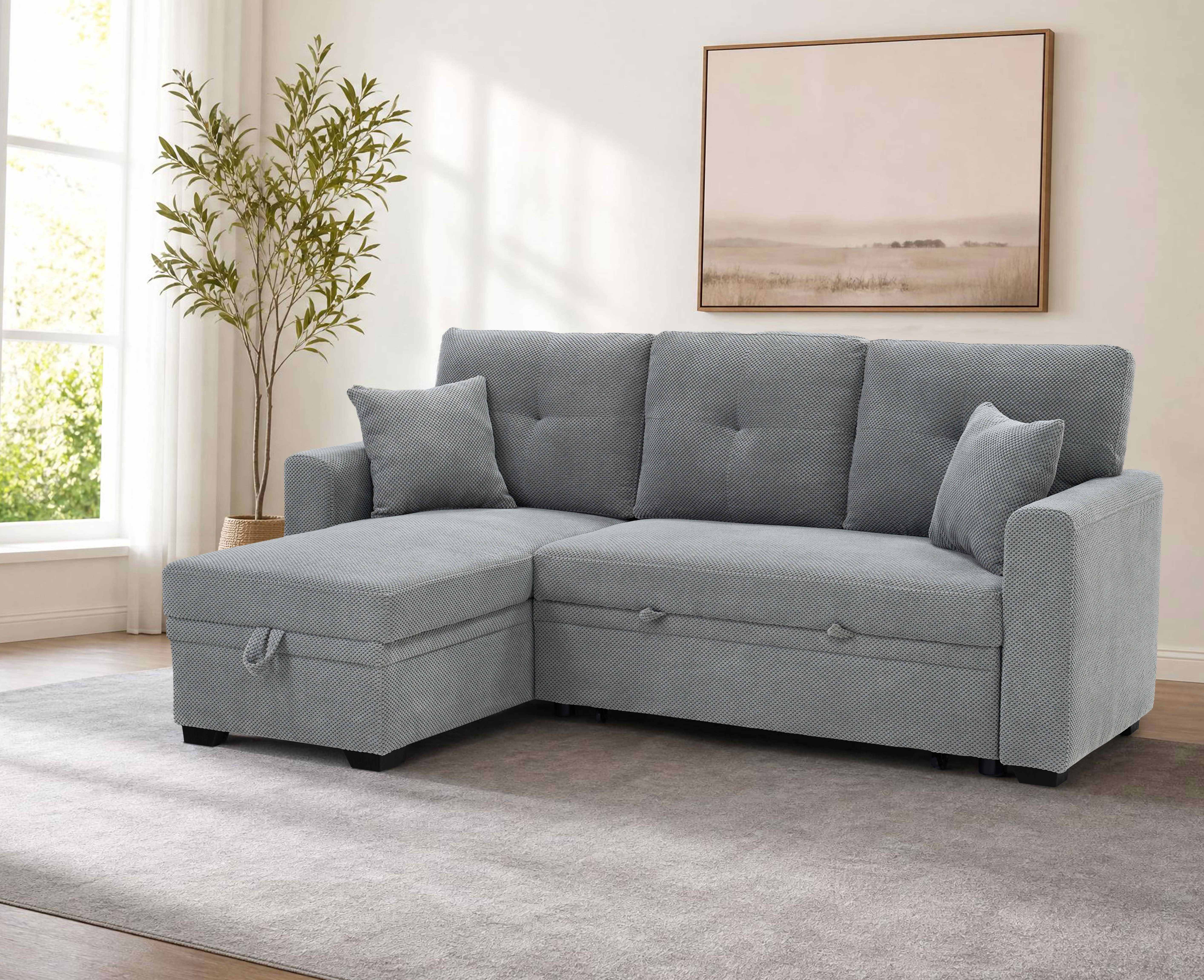 MAYEERTY L‑Shaped Sleeper Sectional Sofa, Convertible Pull‑Out Bed with Reversible Storage Chaise, Dark Gray Breathable Polyester Fabric for Small Living Spaces
