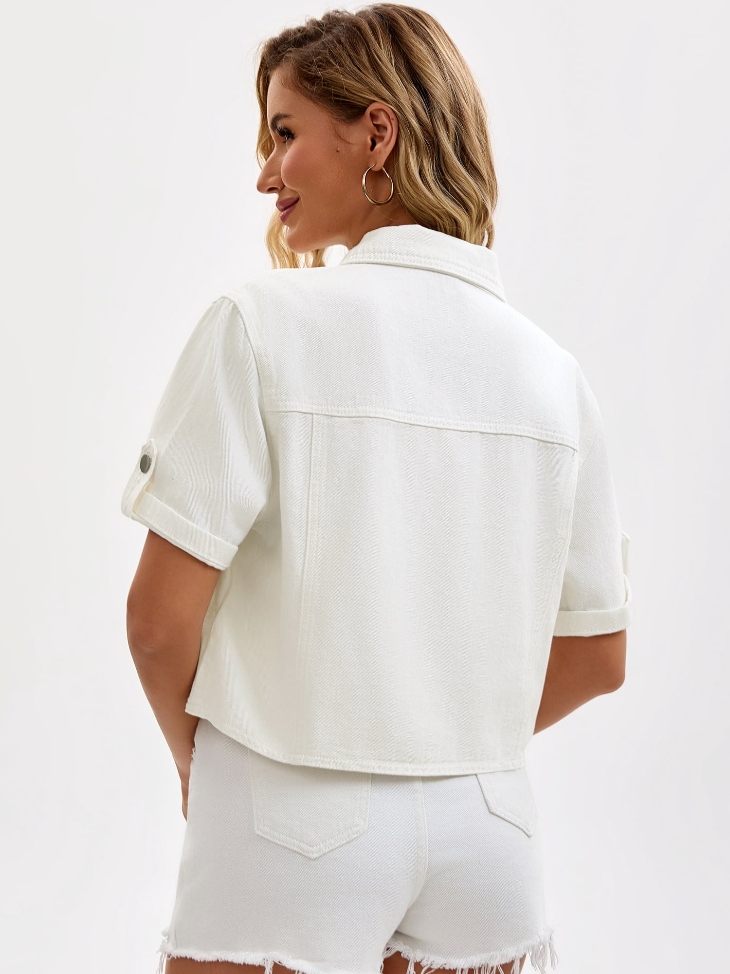 DARING DIVA Women's Short Sleeve Denim Collared Button Up Cropped Jean Jacket M White