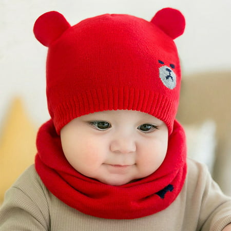 KABOER  Toddler Girl Boy Winter Warm Scarf Hat Set Hooded Earflap Knitted Baby Cap