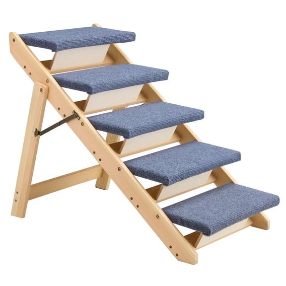 Wood Pet Stairs, 5-Step Dog Stairs for Beds, Sofa & Cars, 150lbs Load Capacity, Floded Flat Design, Stable & Sturdy Cat & Dog Step Ladder for Small Medium Large Older Pet Puppy Essentials