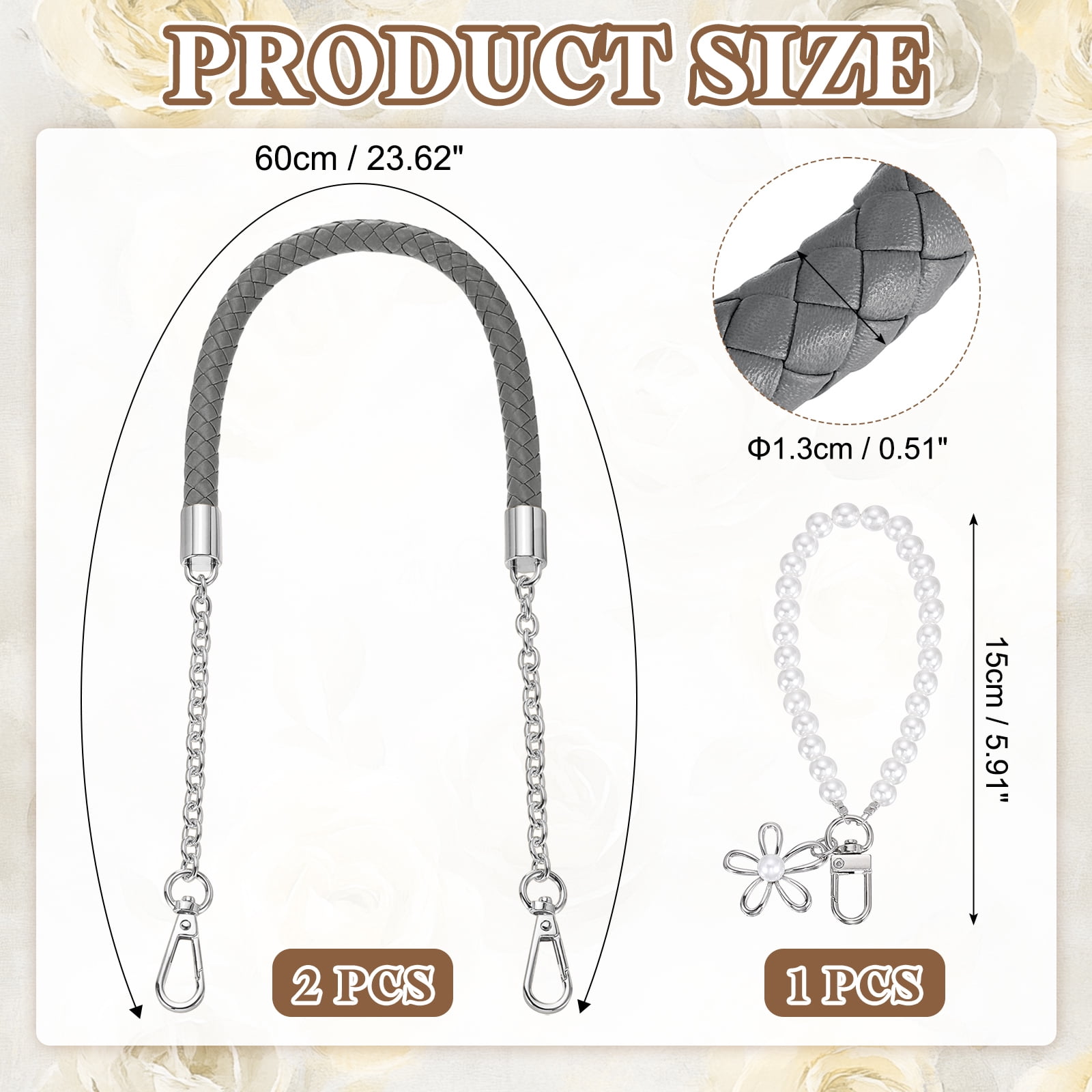 Uxcell 2 Pcs PU Leather Chain Purse Strap, 23.6 Inch Braided Purse Handles Replacement Strap with Pearl Pendant for Tote Bag Handbag Underarm Bag (Dark Gray, Silver Chain)