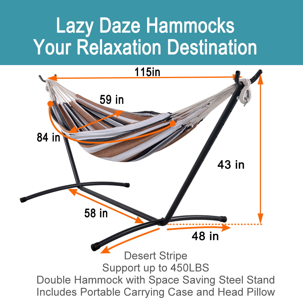 Oasis Stripe 450 Pounds Capacity Lazy Daze Hammocks Double Hammock with Space Saving Steel Stand Includes Portable Carrying Case and Head Pillow