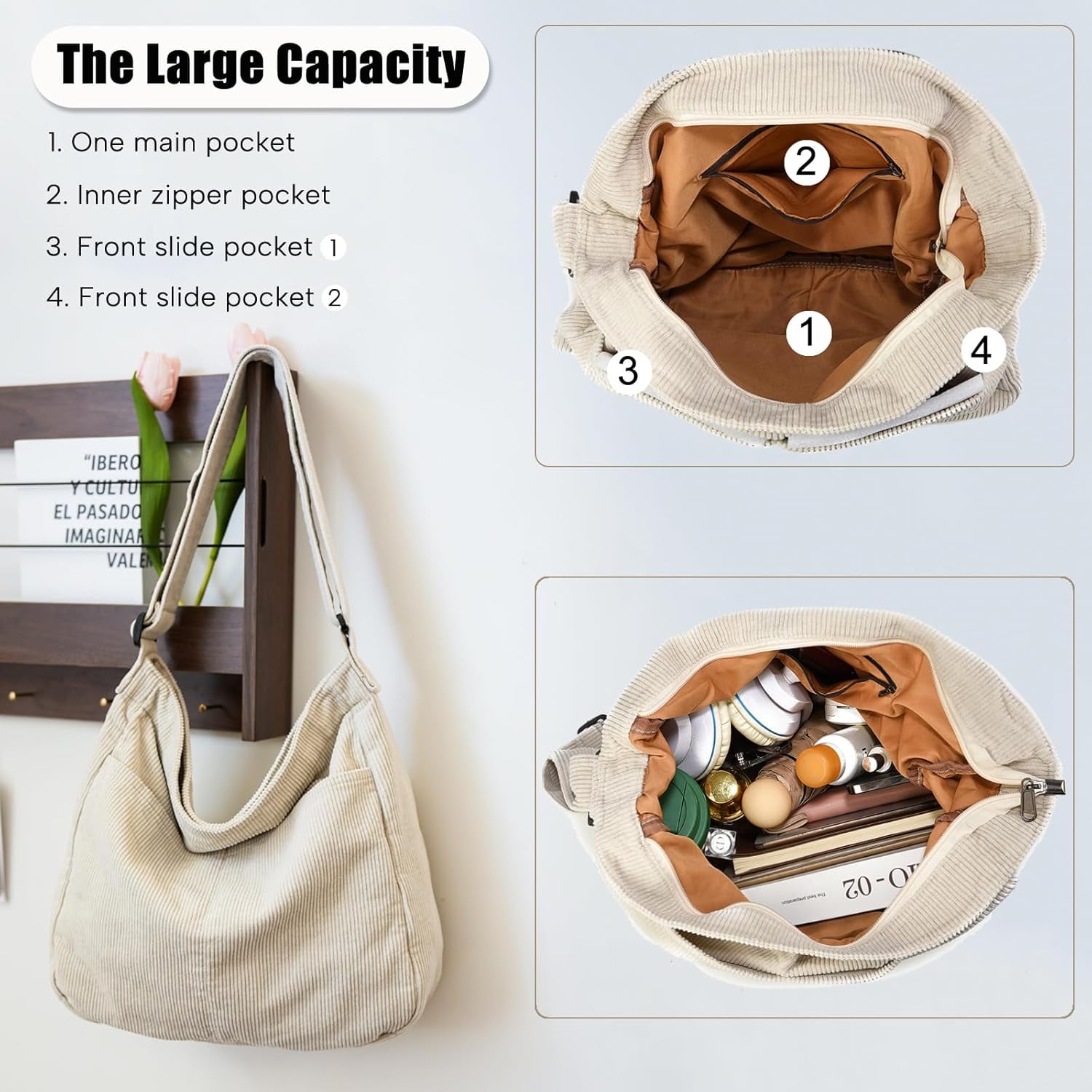Lohol Canvas Tote Bag, Casual Hobo Crossbody Shoulder Bag for Women and Men, Large Purse for Travel and Work-White