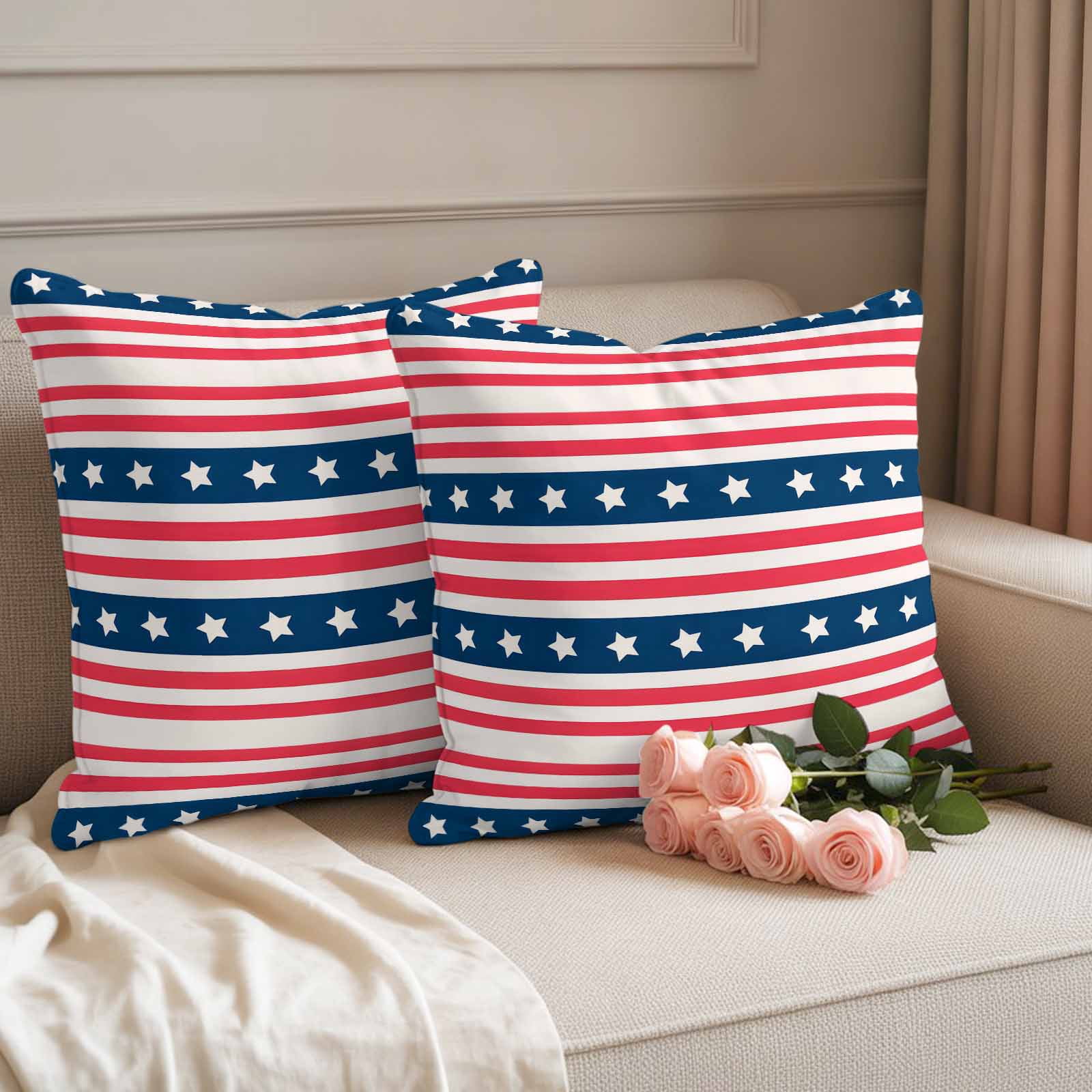 4th of July Outdoor Waterproof Pillow Covers, Independence Day Patriotic Red Blue Striped Decorative Square Throw Pillowcase Sofa Cushion Sham for Patio/Couch/Chair, 16"x16" 2 Pack