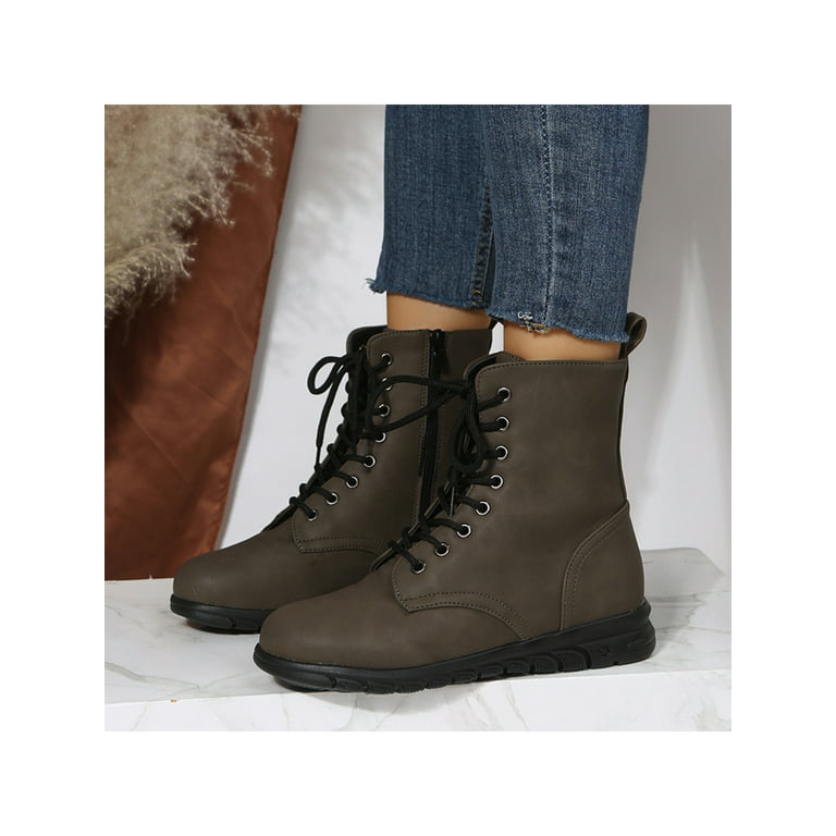 Gomelly Winter Boot for Women Lace Up Ankle Booties Flat Leather