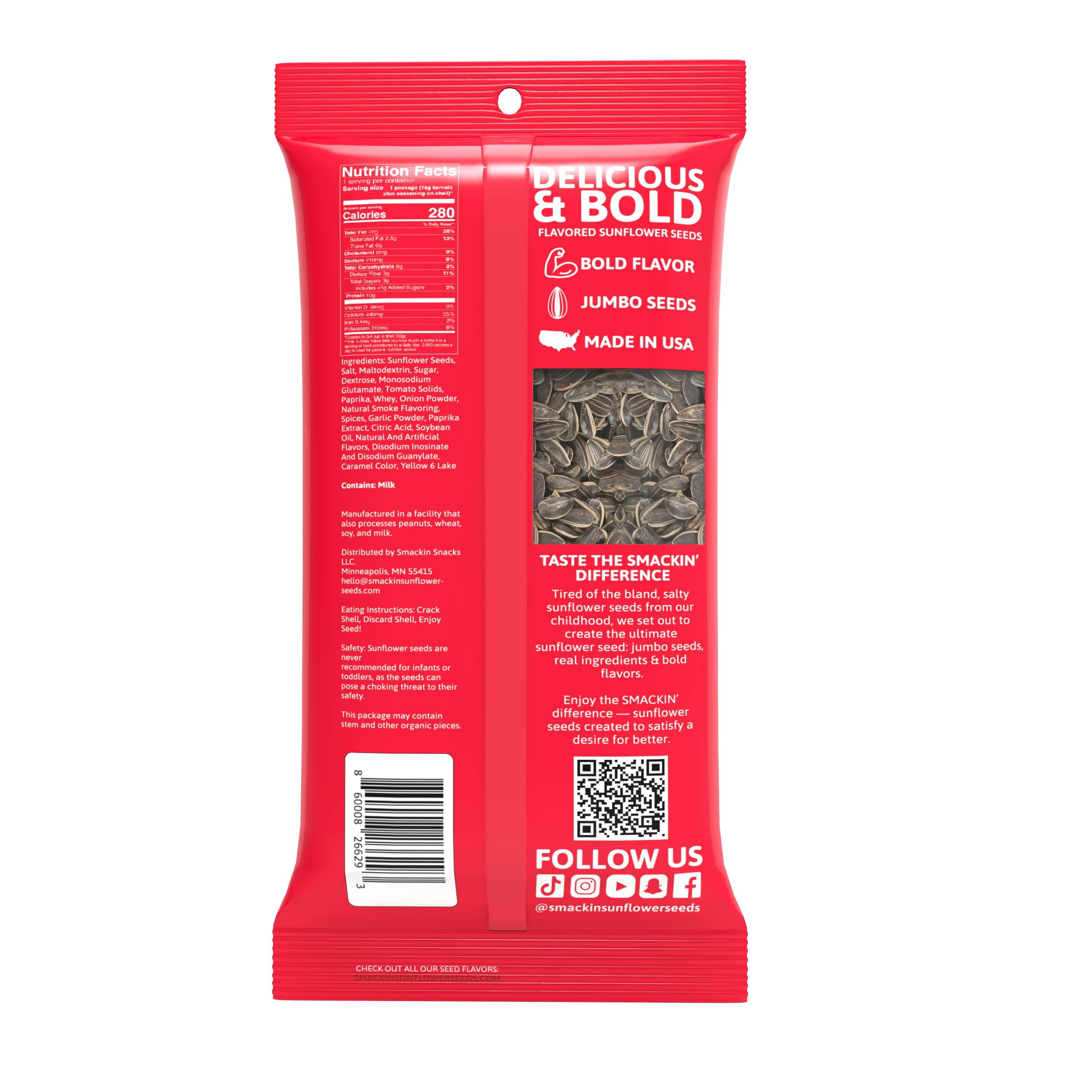 SMACKIN' Sunflower Seeds, Roasted Jumbo Small-Batch, American Made - 8 Flavor Variety. 1.5oz bags (54 Pack Bucket)