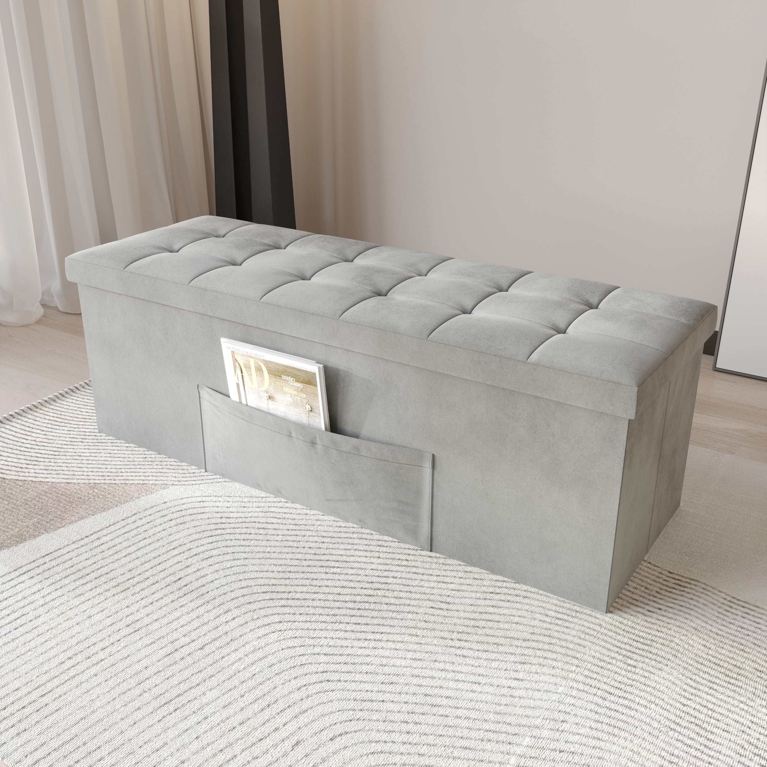 Home Design Chico 42" Tufted Upholstered Folding Storage Bench with Deep Cushion and Front Pocket, Multi-Purpose Rectangular Design for Bedroom, Entryway, or Living Room, Light Gray