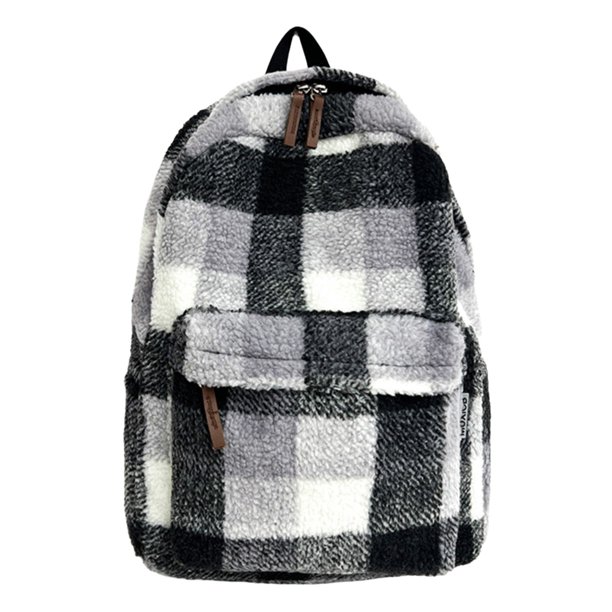 Mochila de felpa a cuadros para mujer, mochila de lana de cordero de gran capacidad, bolsa de compras de viaje (negro)