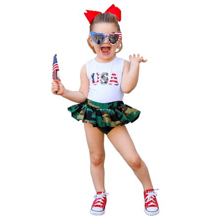 

Baby Girl 4th of July Outfits Sleeveless USA Print Tank Tops + Camouflage Pleated Skirt Shorts Set Summer Clothes