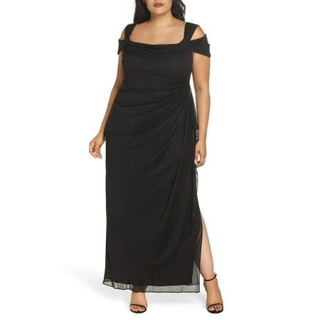 Alex Evenings Women Dress Plus Draped Cold-Shoulder Gown Black 22W