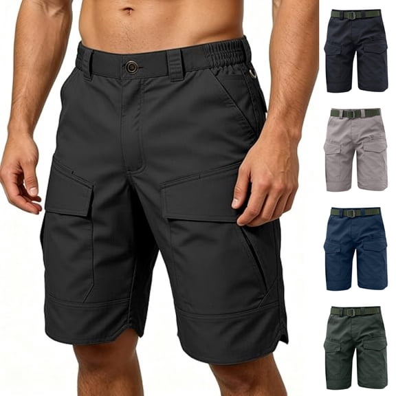 HKYNLAG Mens Tactical Cargo Work Shorts Waterproof Ripstop Stretch Outdoor Fishing Hiking Shorts with Multi-Pocket (No Belt) Gray L