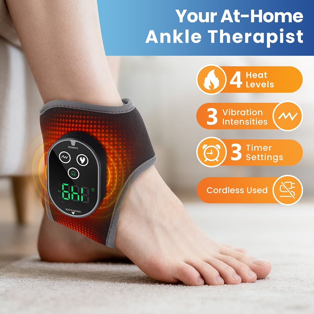 Cordless Heated Vibrating Ankle Wrap, Foot Ankle Massager with 4 Heat Levels (122-149℉) & Dual Motors, 3000mAh Rechargeable Battery, Fit for Left or Right Ankle, Portable for Home Office Travel