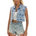 thumbnail image 2 of Chaleco de mezclilla para mujer, chaqueta de botones, lavado con rhinestones, sin mangas, chaqueta de jean L azul claro, 2 of 6