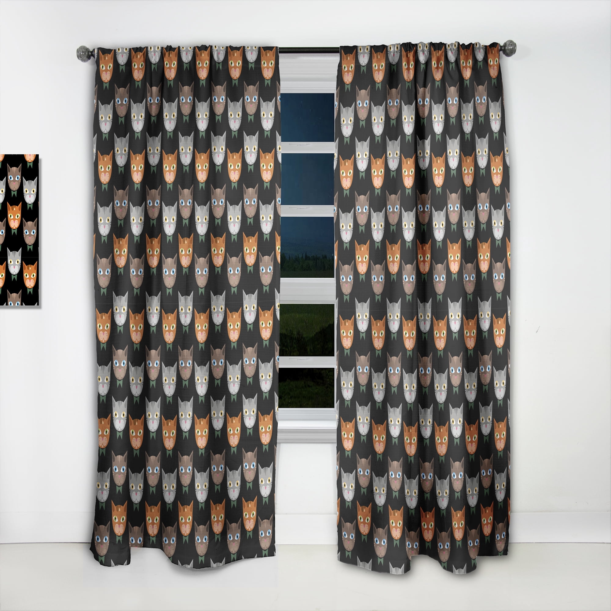 Designart 'Cute Cats Pattern On Black' Modern Curtain Panel