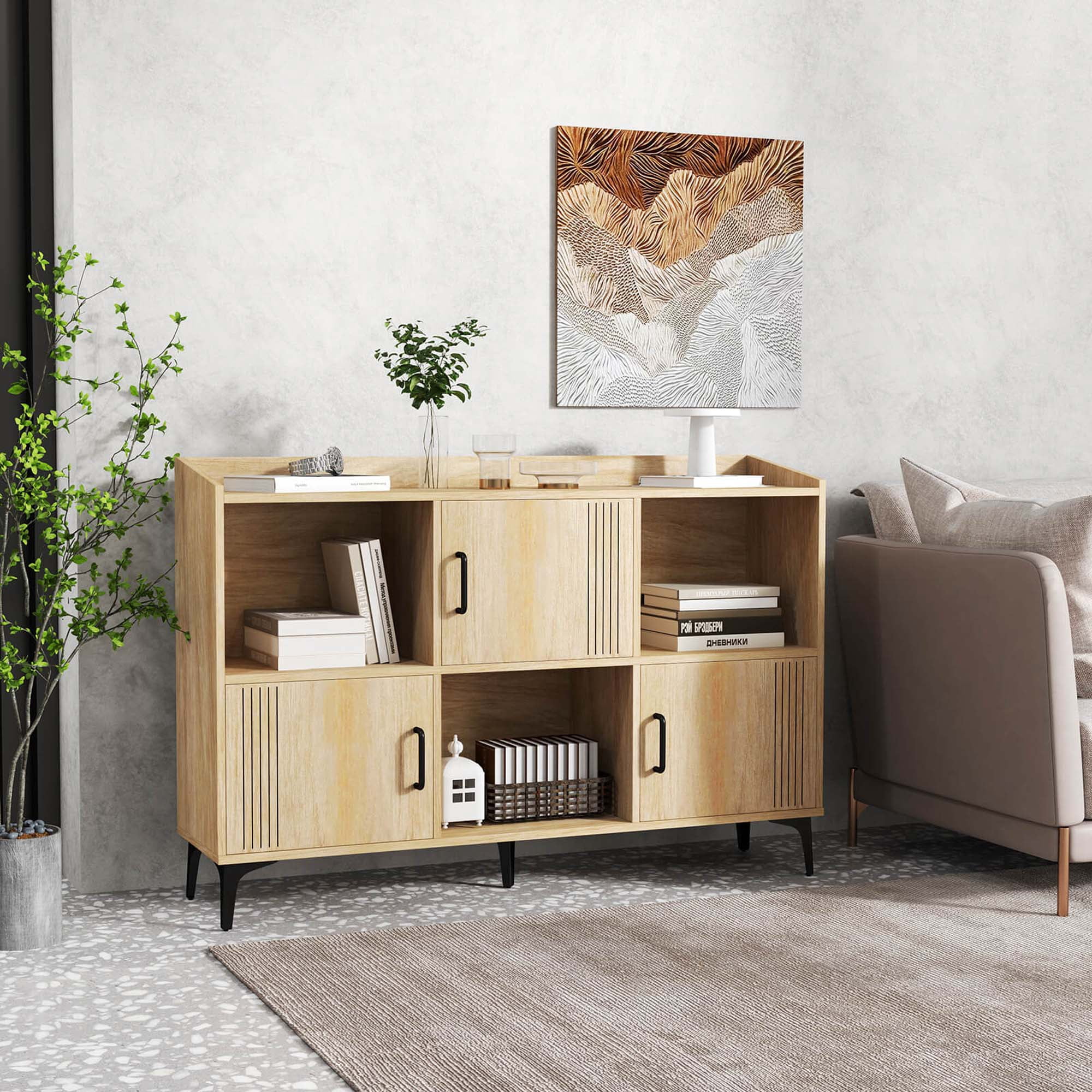 Costway 47" Wide Storage Cabinet Home Large Bookcase with 3 Door Cabinets & Open Shelves