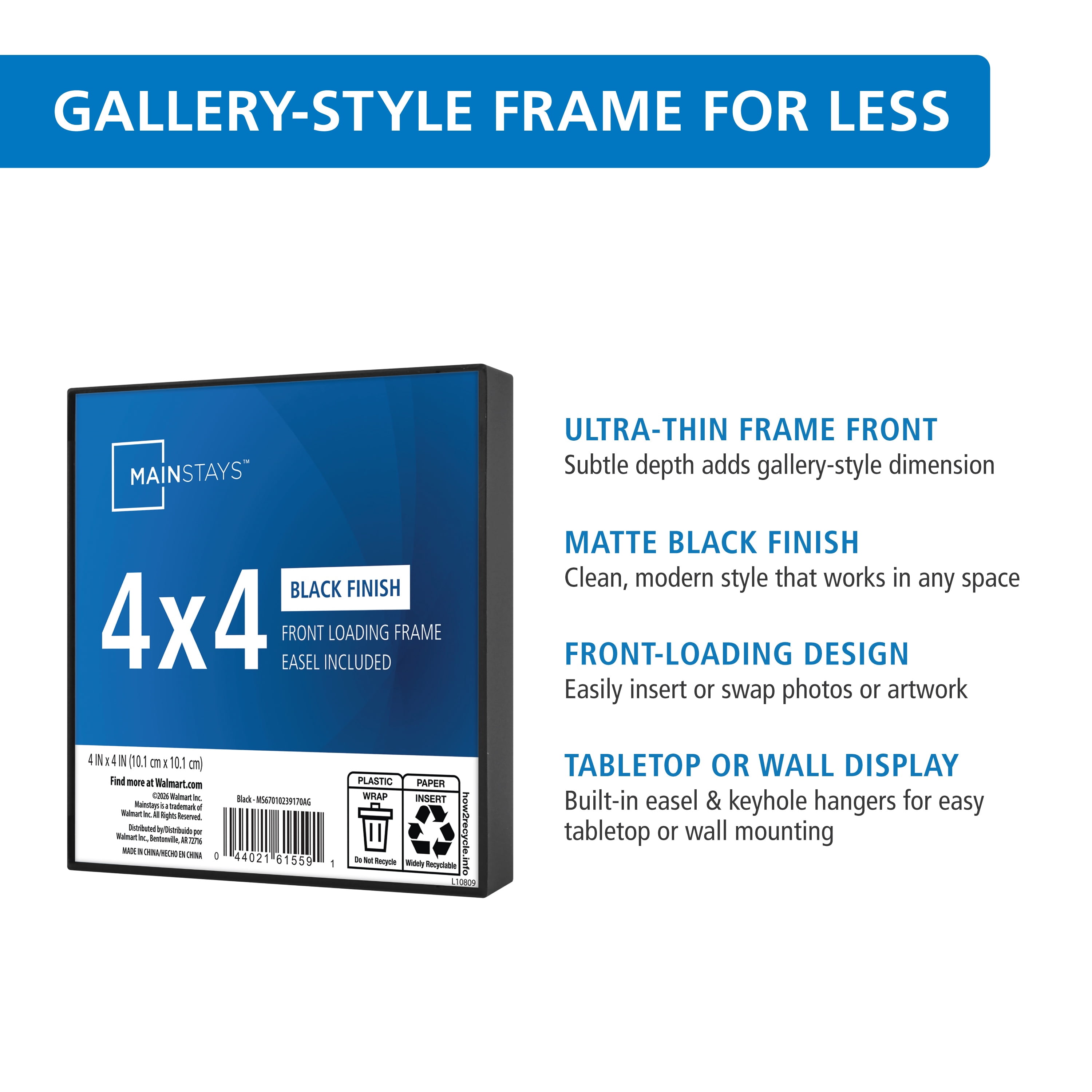 Mainstays 4 x 4 Picture Frame, Black, Front Loading, Wall or Tabletop