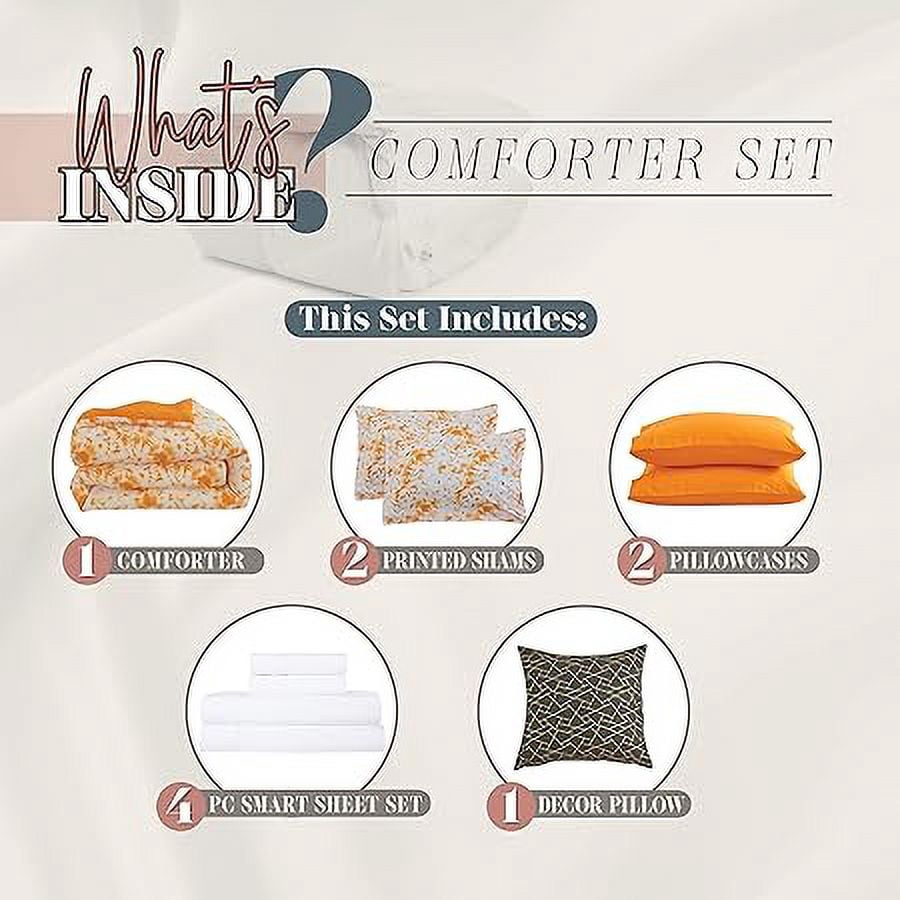 Elegant Comfort Reversible 10-Piece Comforter Set, Tie-Dye Print, Decorative Pillow and Fitted Sheet with Smart Pockets, Soft, Plush, Lightweight Material, 10pc Tie-Dye Set, Full, Orange