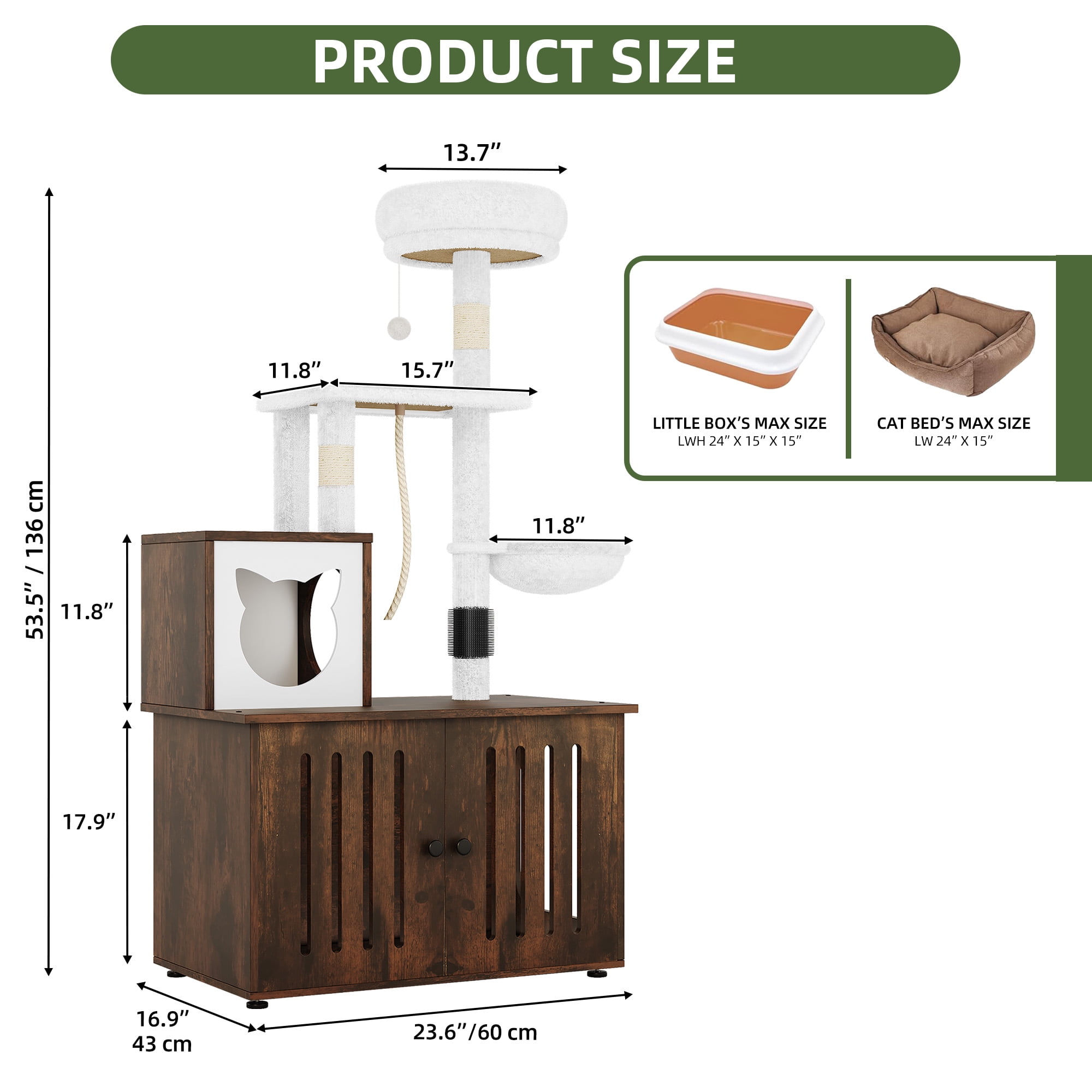 Uforic Cat Tree with Litter Box Enclosure, 2-in-1 Modern Cat Tower Combo, 53.5" Hidden Litter Box Furniture, Rustic Brown