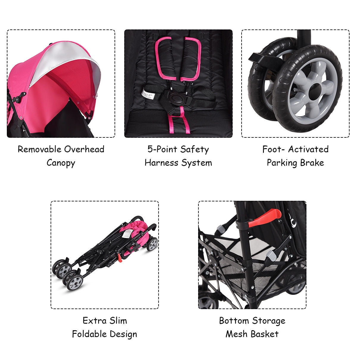 Costway Folding Lightweight Baby Toddler Umbrella Travel Stroller with Storage Basket Pink