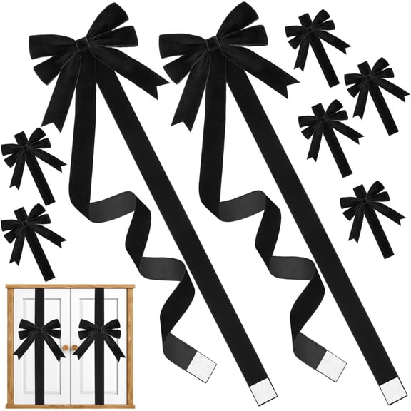 6Pcs Christmas Velvet Cabinet Ribbons Bows Decorations Large Knob Covers Easy to Install Kitchen Cabinet Door Ribbon and Bow for Fireplace Festive Decor Xmas Tree Wreath Party Supplies(Black)