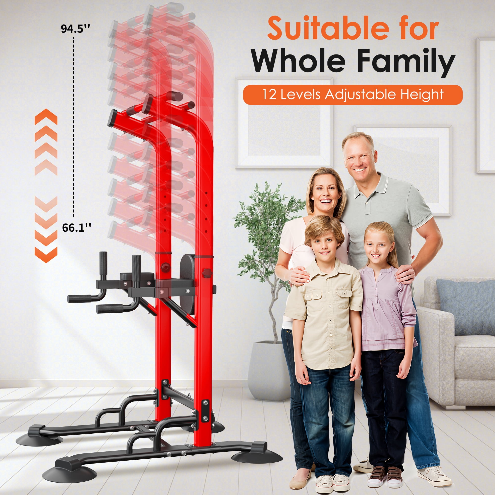SogesPower 94.5"H Power Tower Pull Up Bar Station, 12 Adjustable Height Pull Up Bar Stand for Home Gym, Multi-Function Pull Up Dip Station Dip Bar Strength Training Fitness Equipment, 330LBS, Red