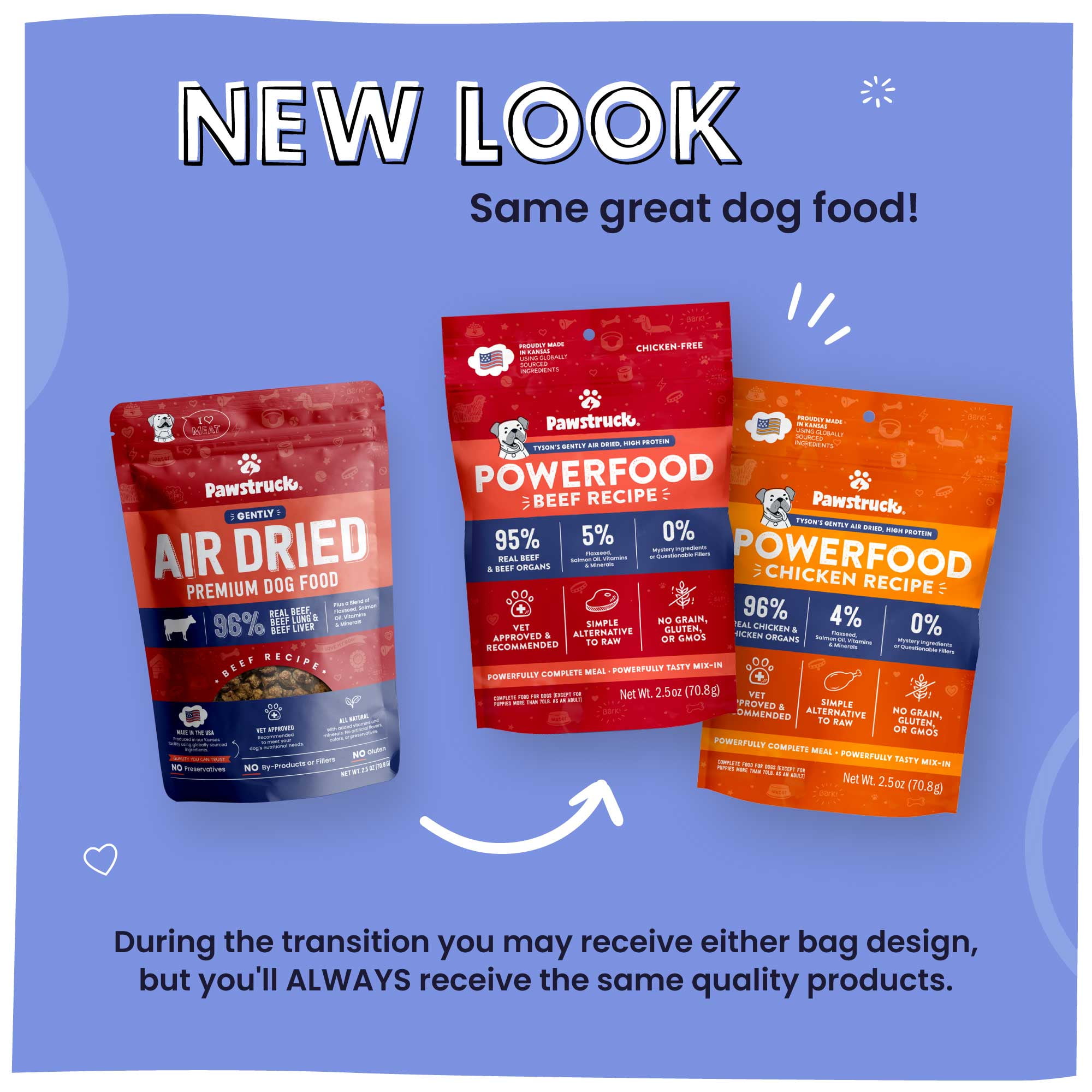(6 pack) Pawstruck Premium Air Dried Dog Food with 95% Meat, Beef Flavor, 2.5oz Trial Bag