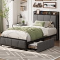 thumbnail image 3 of Tamaño individual xl gray marco cama: 2 almacenamiento cajones, estación carga, rustic linen forrado cama plataforma con almacenamiento cabecero, heavy duty, no box spring required, fácil montaje, 3 of 8