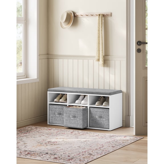Cushioned Shoe Bench, 6 Compartments, 3 Adjustable Shelves, 3 Storage Boxes, Cloud White, for Bedroom, Closet, Living Room, Entryway.