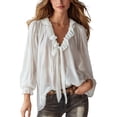 thumbnail image 2 of YVNAURA Womens V Neck Pleated Blouse Bell Sleeve Top For Women Long Sleeve Button Down Collared Shirt Office Work Business Casual Blouse Spring Fall, White,L, 2 of 5