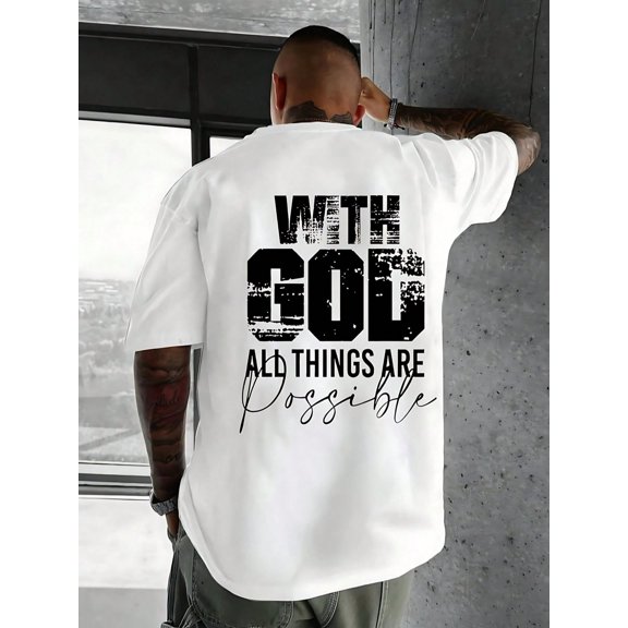 Men's Cotton Graphic Tee, Oversized "With God All Things Are Possible" Letter Print Short Sleeve T-Shirt