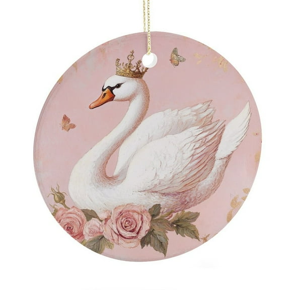 Ceramic Christmas Ornament Pink Romantic Rose Personalized Christmas Ornament Xmas Ornament for Family Sister Friends Cute Swan with Crown And Roses Christmas Tree Ornament