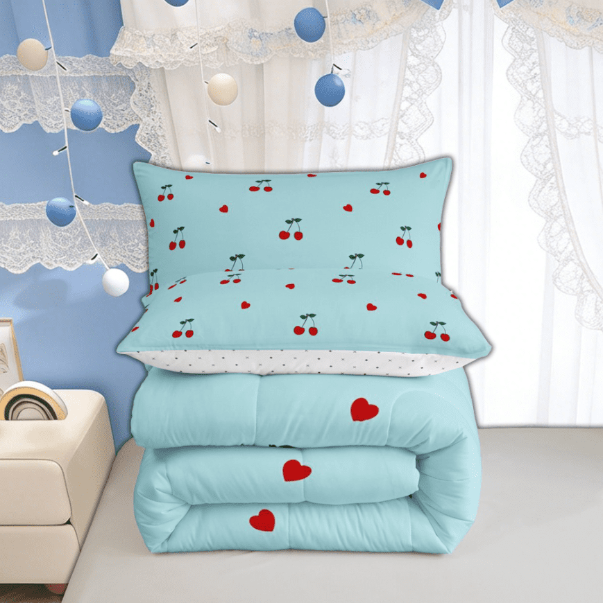 Manfei Kawaii Cute Cherry Full Size Comforter Sets for Kids Girls, Romantic Cartoon Love Heart Bedding Comforter Set, Reversibles, 3 Pieces